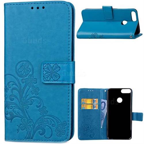 Embossing Imprint Four-Leaf Clover Leather Wallet Case for Huawei P Smart(Enjoy 7S) - Blue