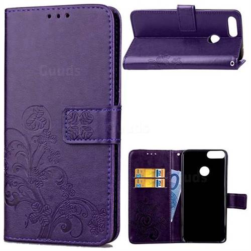Embossing Imprint Four-Leaf Clover Leather Wallet Case for Huawei P Smart(Enjoy 7S) - Purple