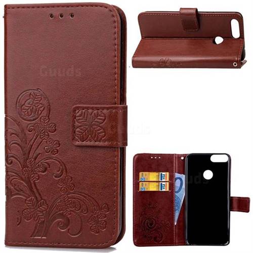 Embossing Imprint Four-Leaf Clover Leather Wallet Case for Huawei P Smart(Enjoy 7S) - Brown