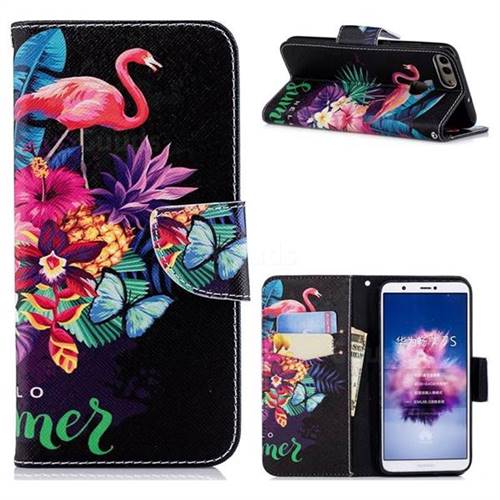 Flowers Flamingos Leather Wallet Case for Huawei P Smart(Enjoy 7S)