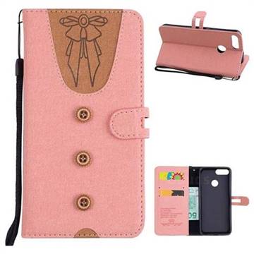 Ladies Bow Clothes Pattern Leather Wallet Phone Case for Huawei P Smart(Enjoy 7S) - Pink