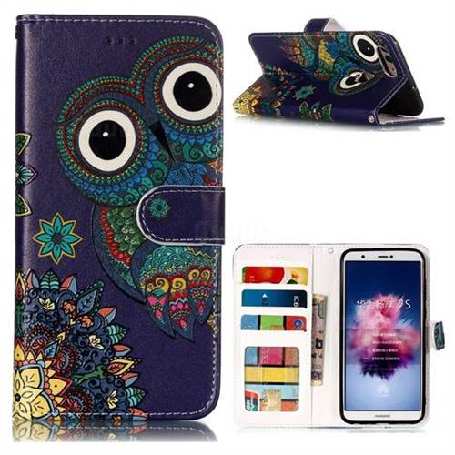 Folk Owl 3D Relief Oil PU Leather Wallet Case for Huawei P Smart(Enjoy 7S)