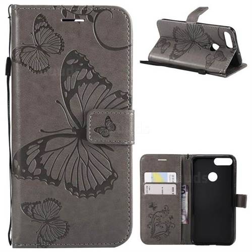 Embossing 3D Butterfly Leather Wallet Case for Huawei P Smart(Enjoy 7S) - Gray