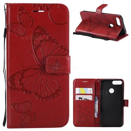 Embossing 3D Butterfly Leather Wallet Case for Huawei P Smart(Enjoy 7S) - Red