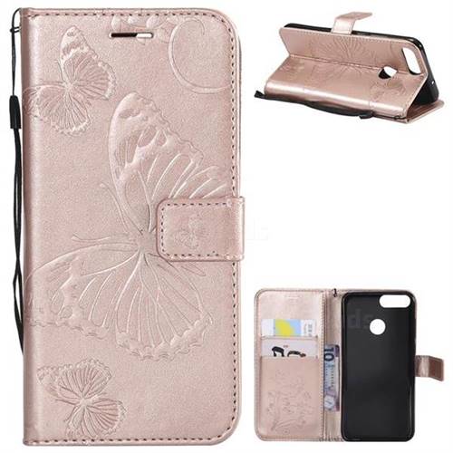 Embossing 3D Butterfly Leather Wallet Case for Huawei P Smart(Enjoy 7S) - Rose Gold