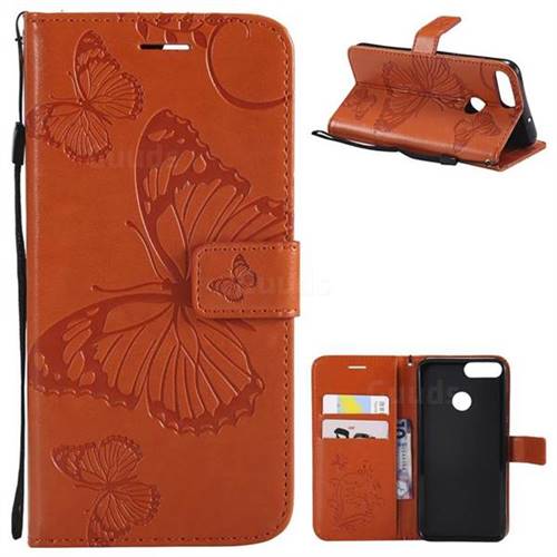 Embossing 3D Butterfly Leather Wallet Case for Huawei P Smart(Enjoy 7S) - Orange