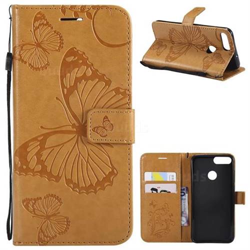 Embossing 3D Butterfly Leather Wallet Case for Huawei P Smart(Enjoy 7S) - Yellow