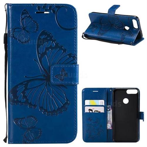 Embossing 3D Butterfly Leather Wallet Case for Huawei P Smart(Enjoy 7S) - Blue