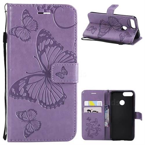 Embossing 3D Butterfly Leather Wallet Case for Huawei P Smart(Enjoy 7S) - Purple