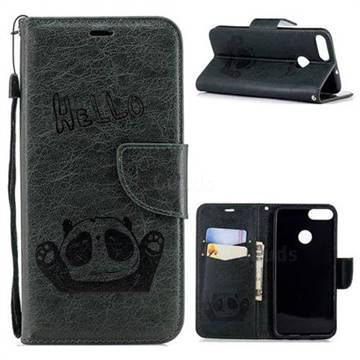 Embossing Hello Panda Leather Wallet Phone Case for Huawei P Smart(Enjoy 7S) - Seagreen