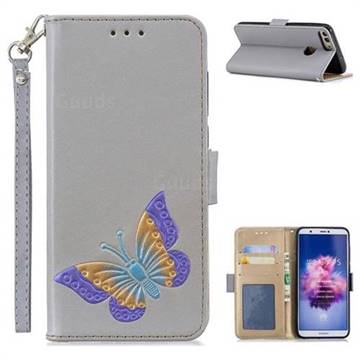 Imprint Embossing Butterfly Leather Wallet Case for Huawei P Smart(Enjoy 7S) - Grey
