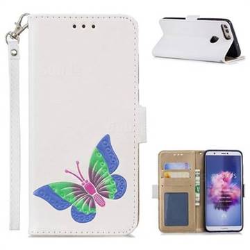 Imprint Embossing Butterfly Leather Wallet Case for Huawei P Smart(Enjoy 7S) - White