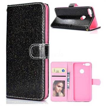Glitter Shine Leather Wallet Phone Case for Huawei P Smart(Enjoy 7S) - Black