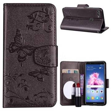 Embossing Butterfly Morning Glory Mirror Leather Wallet Case for Huawei P Smart(Enjoy 7S) - Silver Gray