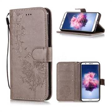 Intricate Embossing Dandelion Butterfly Leather Wallet Case for Huawei P Smart(Enjoy 7S) - Gray