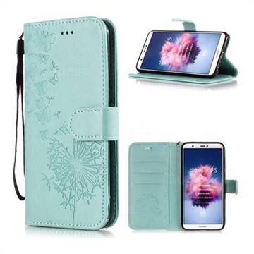 Intricate Embossing Dandelion Butterfly Leather Wallet Case for Huawei P Smart(Enjoy 7S) - Green