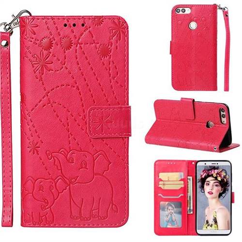 Embossing Fireworks Elephant Leather Wallet Case for Huawei P Smart(Enjoy 7S) - Red
