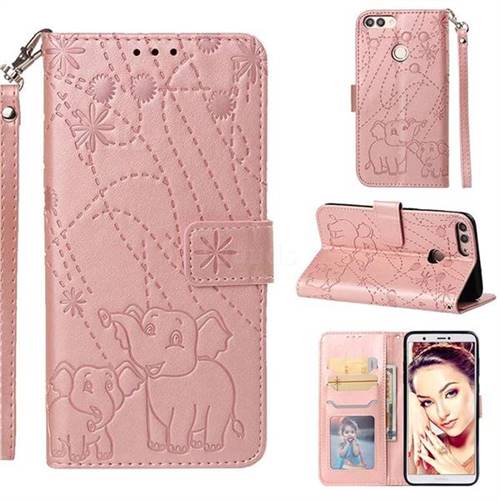 Embossing Fireworks Elephant Leather Wallet Case for Huawei P Smart(Enjoy 7S) - Rose Gold