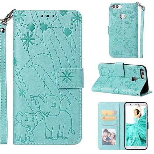 Embossing Fireworks Elephant Leather Wallet Case for Huawei P Smart(Enjoy 7S) - Green