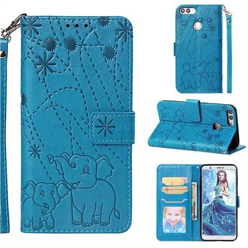 Embossing Fireworks Elephant Leather Wallet Case for Huawei P Smart(Enjoy 7S) - Blue