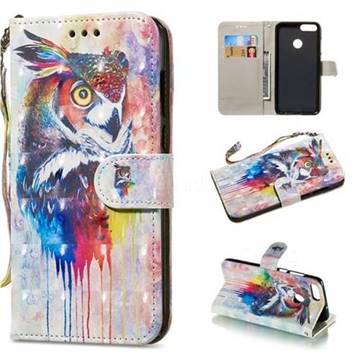 Watercolor Owl 3D Painted Leather Wallet Phone Case for Huawei P Smart(Enjoy 7S)