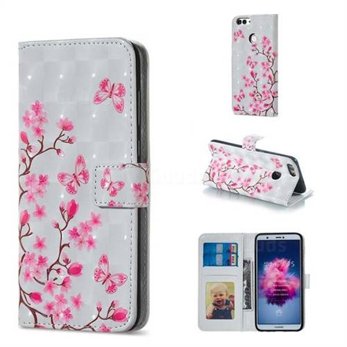 Butterfly Sakura Flower 3D Painted Leather Phone Wallet Case for Huawei P Smart(Enjoy 7S)
