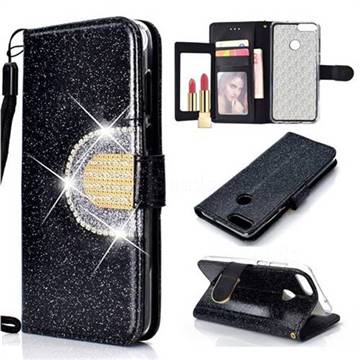 Glitter Diamond Buckle Splice Mirror Leather Wallet Phone Case for Huawei P Smart(Enjoy 7S) - Black