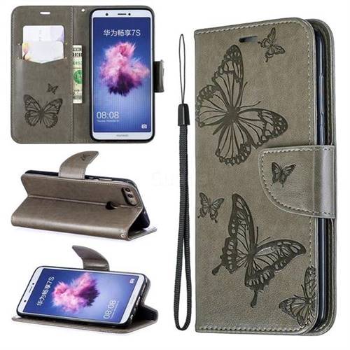 Embossing Double Butterfly Leather Wallet Case for Huawei P Smart(Enjoy 7S) - Gray