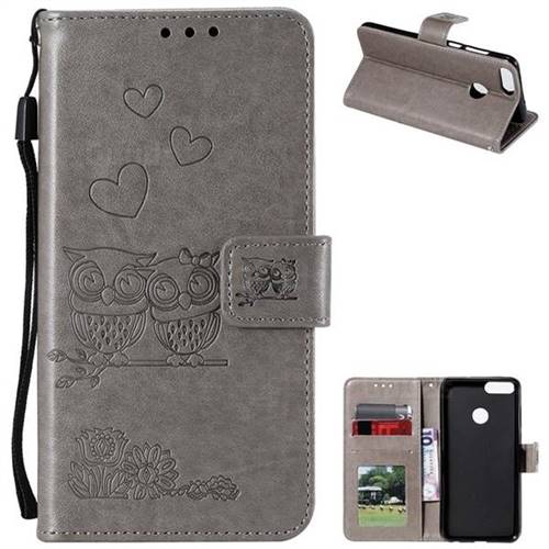 Embossing Owl Couple Flower Leather Wallet Case for Huawei P Smart(Enjoy 7S) - Gray