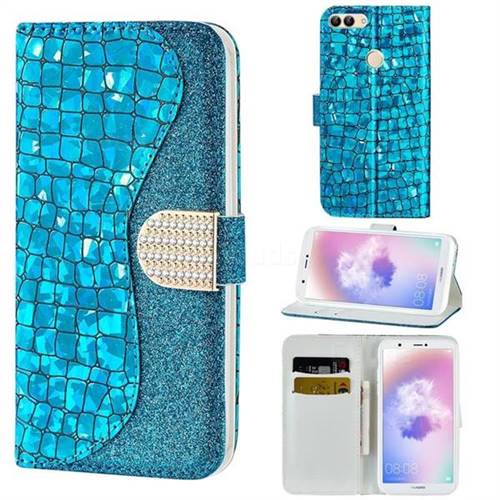 Glitter Diamond Buckle Laser Stitching Leather Wallet Phone Case for Huawei P Smart(Enjoy 7S) - Blue