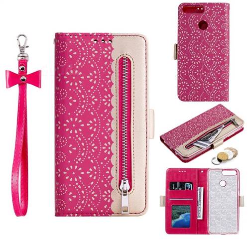 Luxury Lace Zipper Stitching Leather Phone Wallet Case for Huawei P Smart(Enjoy 7S) - Rose