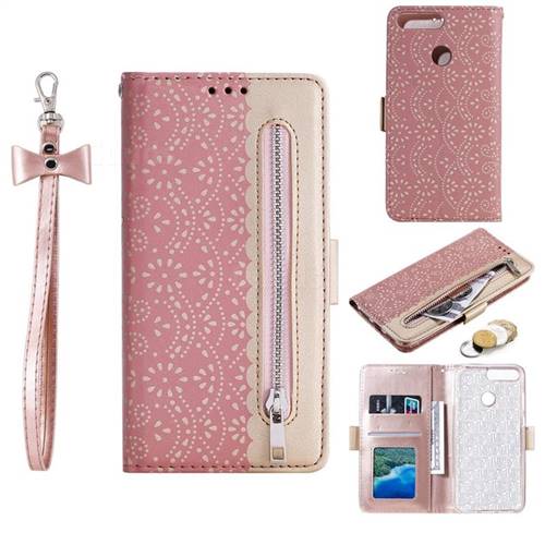 Luxury Lace Zipper Stitching Leather Phone Wallet Case for Huawei P Smart(Enjoy 7S) - Pink