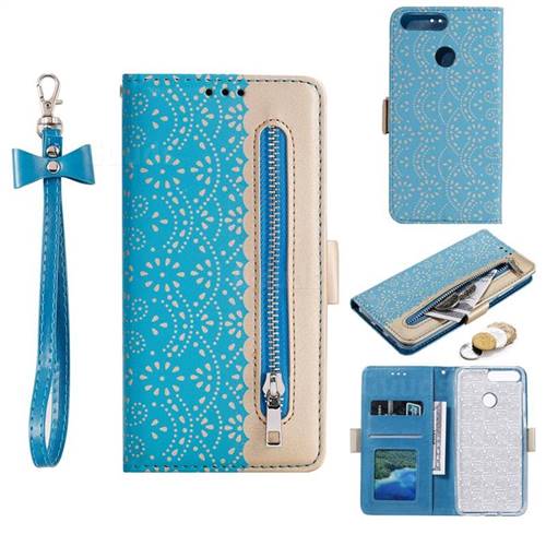 Luxury Lace Zipper Stitching Leather Phone Wallet Case for Huawei P Smart(Enjoy 7S) - Blue