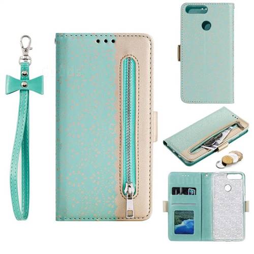Luxury Lace Zipper Stitching Leather Phone Wallet Case for Huawei P Smart(Enjoy 7S) - Green