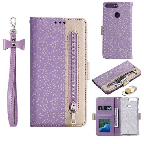 Luxury Lace Zipper Stitching Leather Phone Wallet Case for Huawei P Smart(Enjoy 7S) - Purple