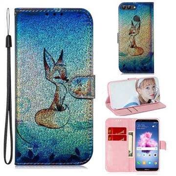 Cute Fox Laser Shining Leather Wallet Phone Case for Huawei P Smart(Enjoy 7S)