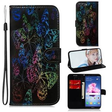 Black Butterfly Laser Shining Leather Wallet Phone Case for Huawei P Smart(Enjoy 7S)