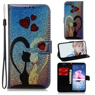 Love Cat Laser Shining Leather Wallet Phone Case for Huawei P Smart(Enjoy 7S)