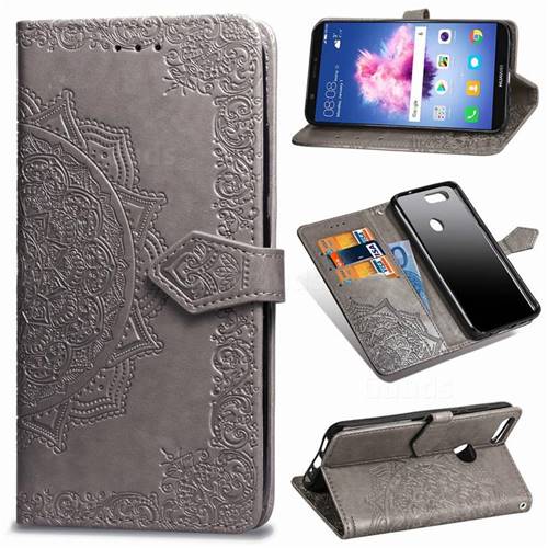 Embossing Imprint Mandala Flower Leather Wallet Case for Huawei P Smart(Enjoy 7S) - Gray