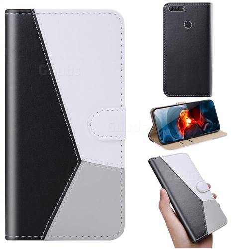 Tricolour Stitching Wallet Flip Cover for Huawei P Smart(Enjoy 7S) - Black