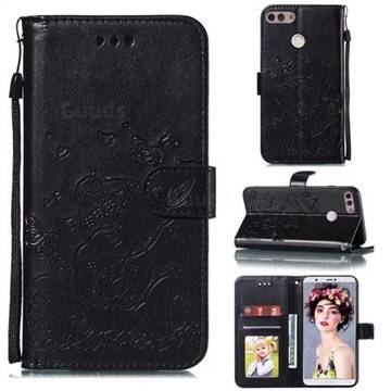 Embossing Butterfly Heart Bear Leather Wallet Case for Huawei P Smart(Enjoy 7S) - Black
