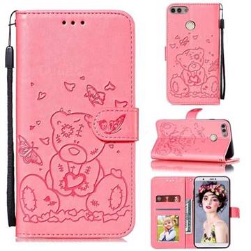 Embossing Butterfly Heart Bear Leather Wallet Case for Huawei P Smart(Enjoy 7S) - Pink