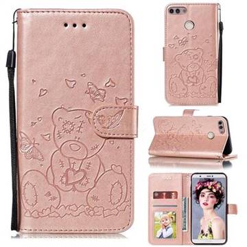 Embossing Butterfly Heart Bear Leather Wallet Case for Huawei P Smart(Enjoy 7S) - Rose Gold