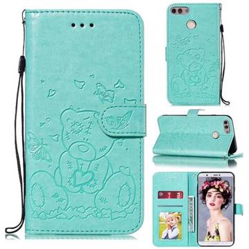 Embossing Butterfly Heart Bear Leather Wallet Case for Huawei P Smart(Enjoy 7S) - Green