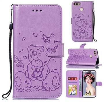 Embossing Butterfly Heart Bear Leather Wallet Case for Huawei P Smart(Enjoy 7S) - Purple