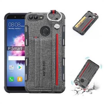 British Style Canvas Pattern Multi-function Leather Phone Case for Huawei P Smart(Enjoy 7S) - Gray