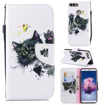 Black Cat Butterfly Leather Wallet Case for Huawei P Smart(Enjoy 7S)