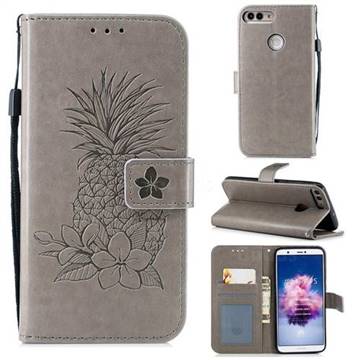 Embossing Flower Pineapple Leather Wallet Case for Huawei P Smart(Enjoy 7S) - Gray