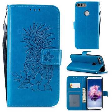 Embossing Flower Pineapple Leather Wallet Case for Huawei P Smart(Enjoy 7S) - Blue