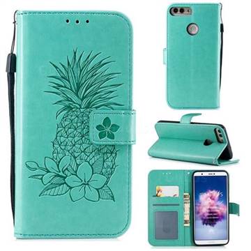 Embossing Flower Pineapple Leather Wallet Case for Huawei P Smart(Enjoy 7S) - Mint Green